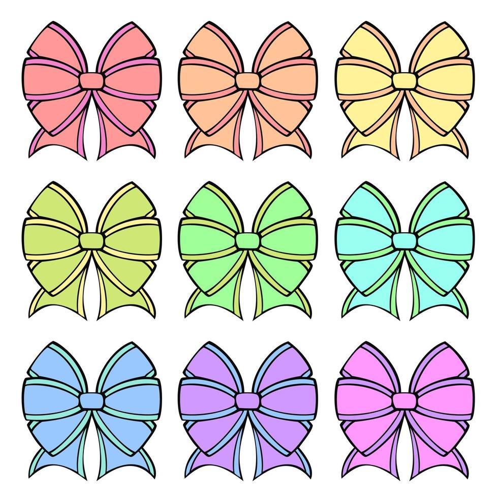 A set of colored icons, a large beautiful festive bow from a wide ribbon, pastel colors, vector illustration