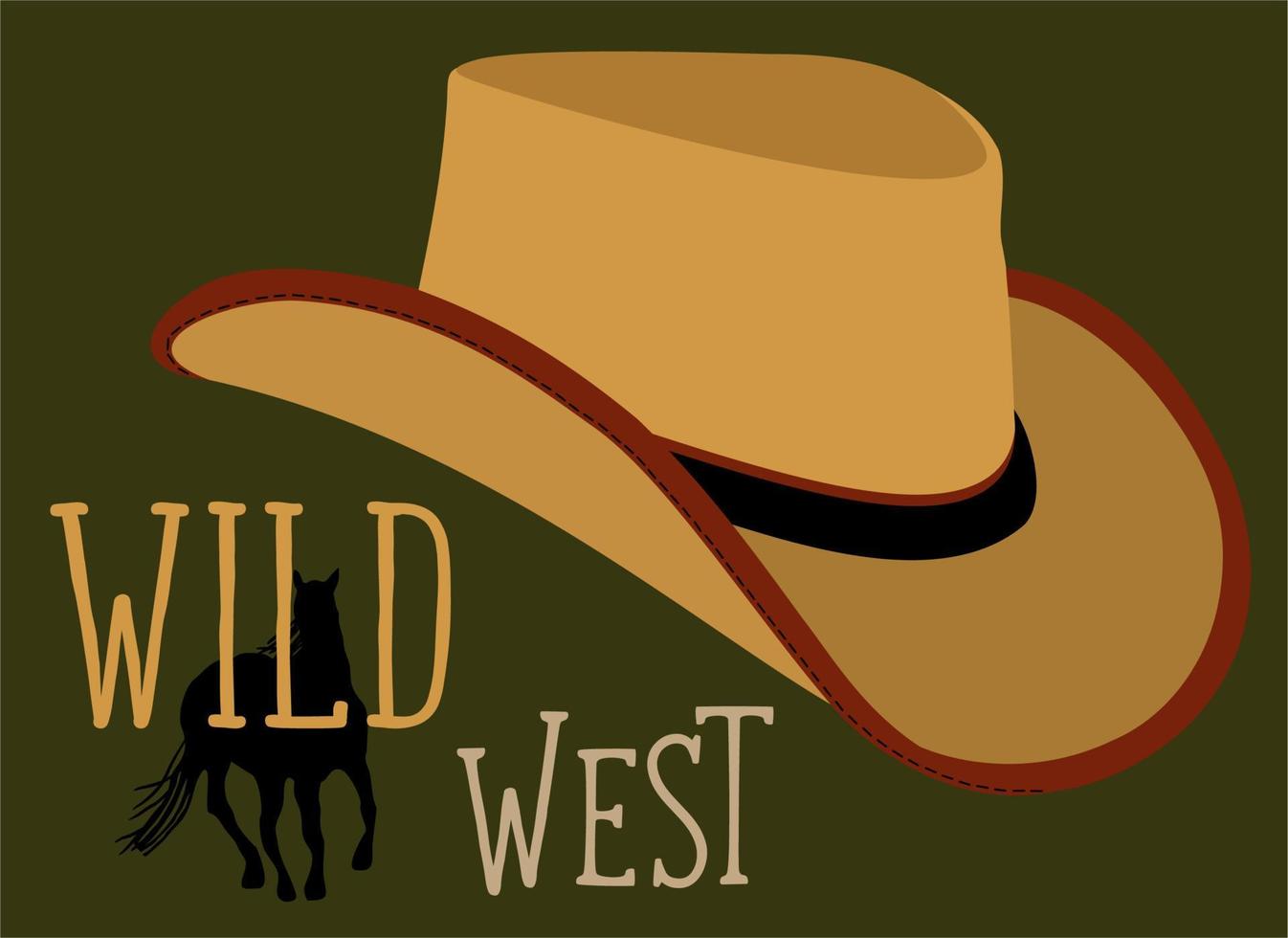Cowboy hat. Head accessory with lettering and silhouette of horse on dark green background. vector