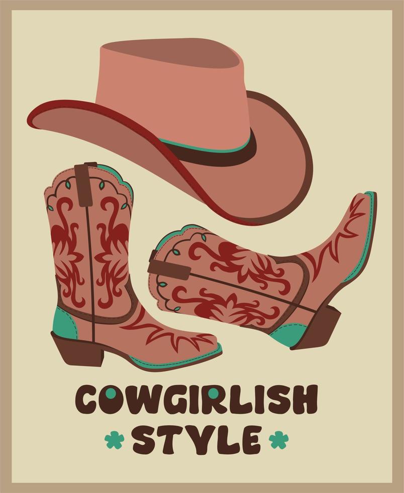 Vector set of cowgirl accessories. Stylish hat and boots. Retro cowgirl outfit.