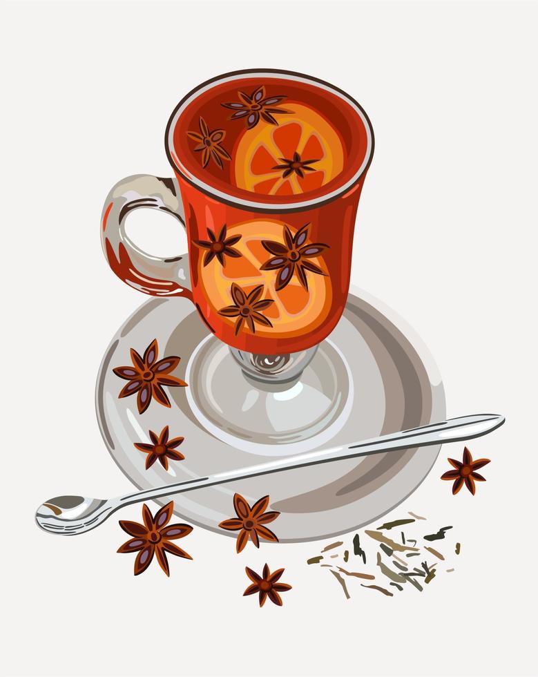 Vector isolated illustration of mulled wine with spices in glass cup.