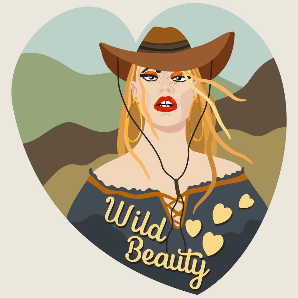 Vector vintage portrait of young attractive  girl in cowboy hat. Wild beauty. Retro cowgirl.