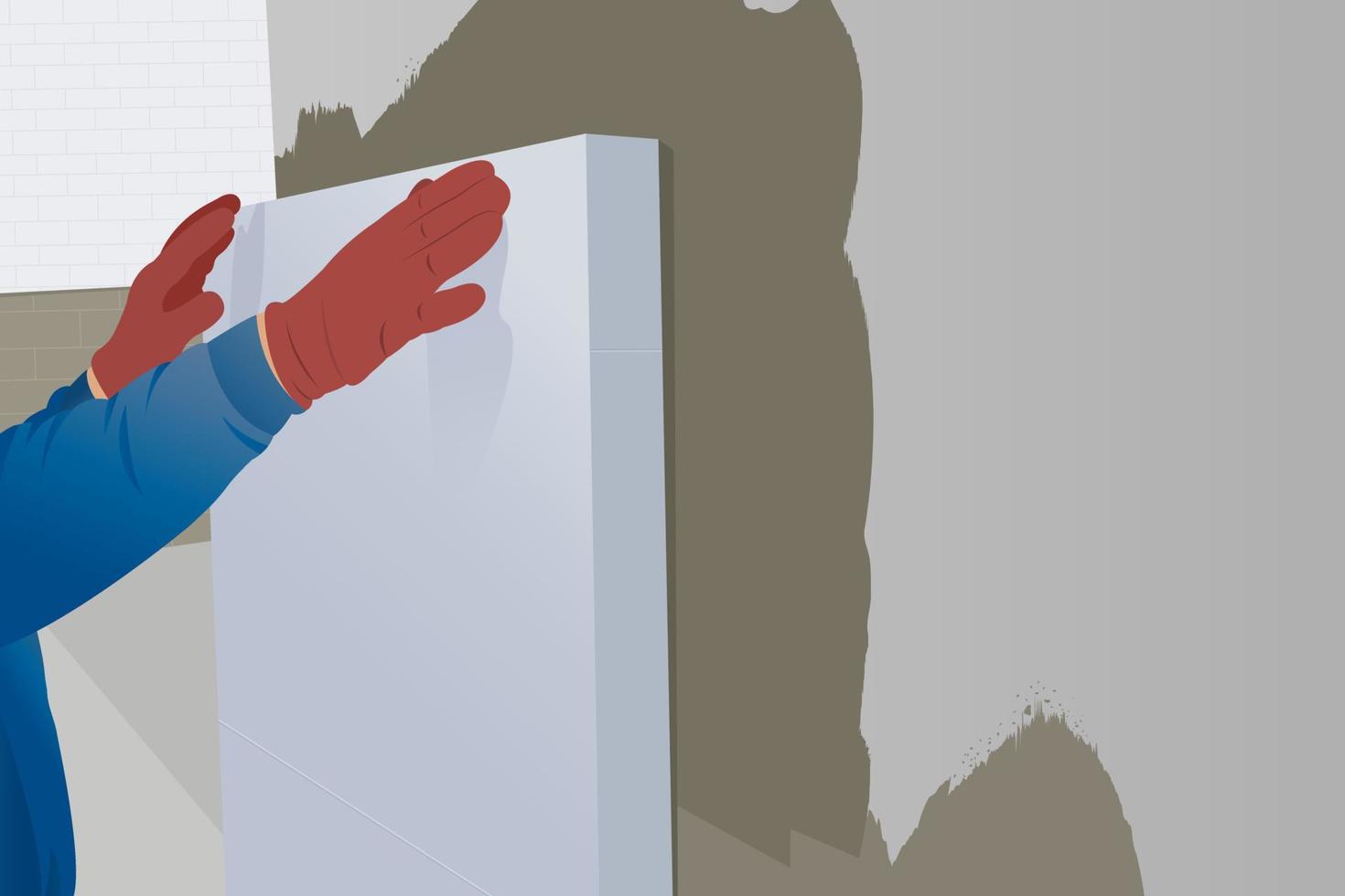el trabajador instala láminas de aislamiento térmico de espuma de poliestireno en la pared de la fachada de la casa para protección térmica, renovación del hogar vector