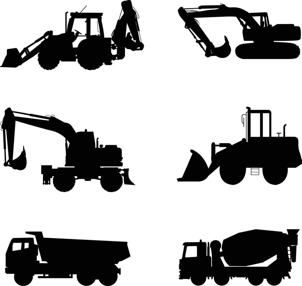 A vector collection of construction vehicle silhouettes