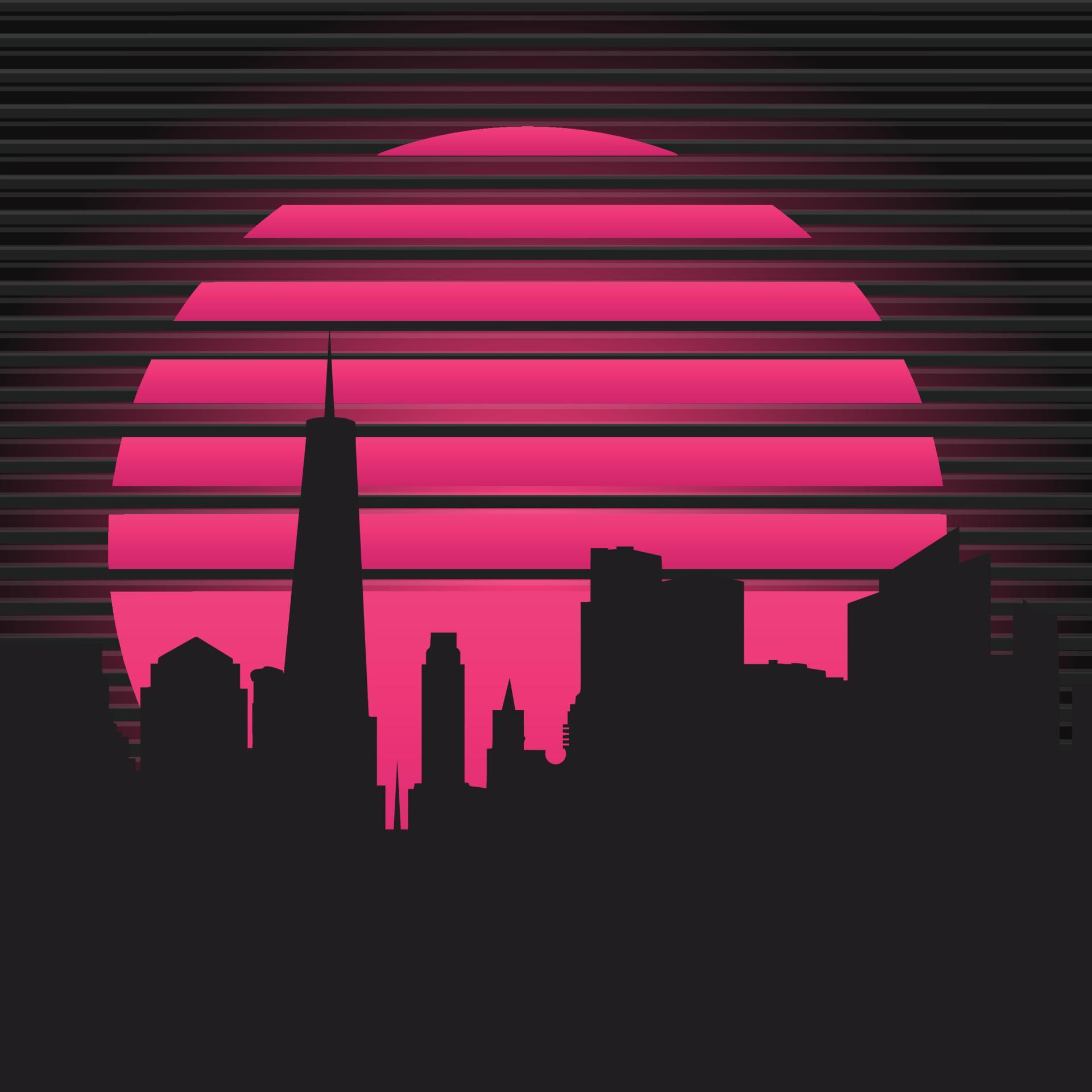 80s cityline in a bright neon sunset with VHS aesthetic 13787733 Vector