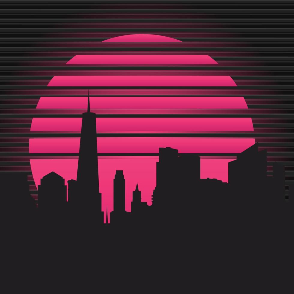 80s cityline in a bright neon sunset with VHS aesthetic vector