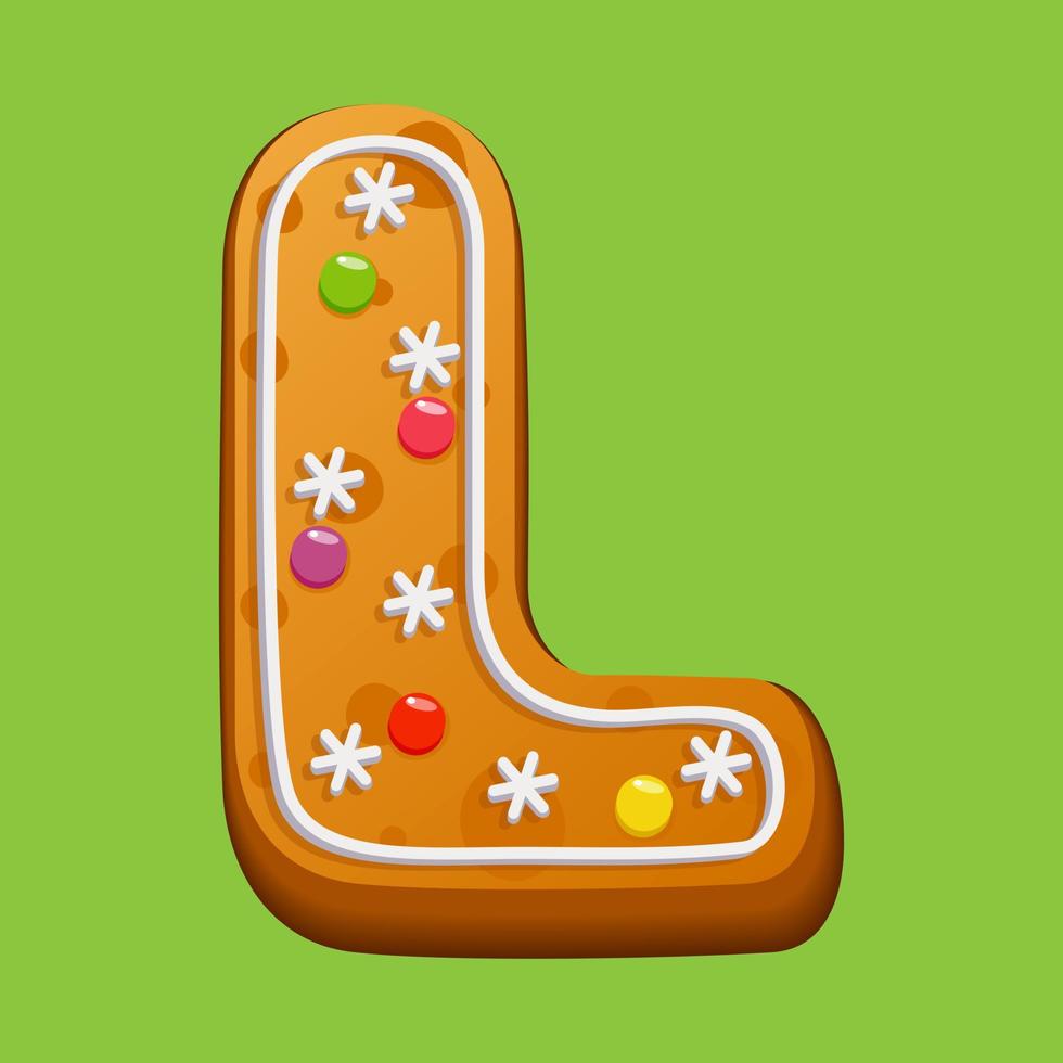 Christmas gingerbread cookie. Gingerbread letter L. Homemade winter cookies in the form of the letter L with sugar icing and marmalade. Vector illustration.