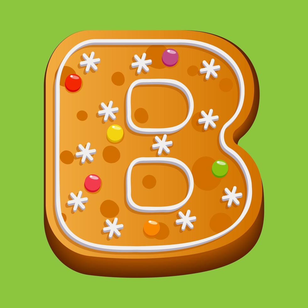 Christmas gingerbread cookie. Gingerbread letter B. Homemade winter cookies in the form of the letter B with sugar icing and marmalade. Vector illustration.