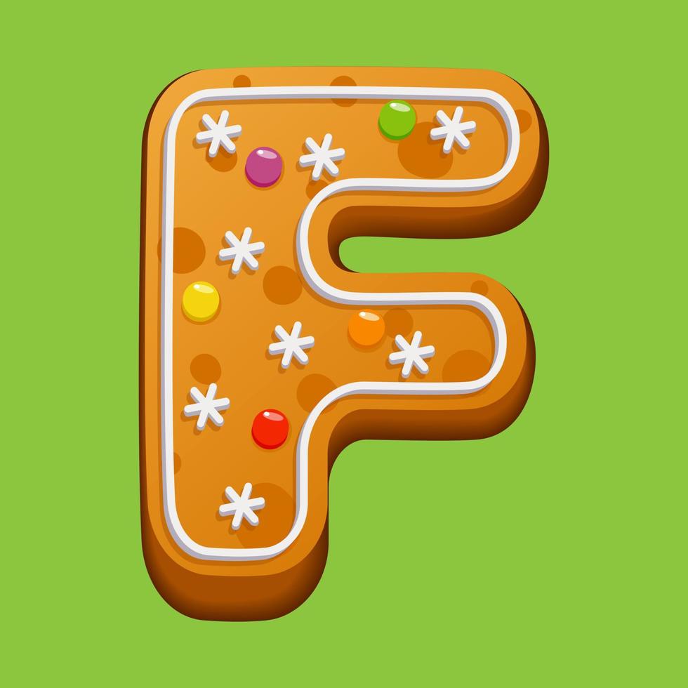 Christmas gingerbread cookie. Gingerbread letter F. Homemade winter cookies in the form of the letter F with sugar icing and marmalade. Vector illustration.