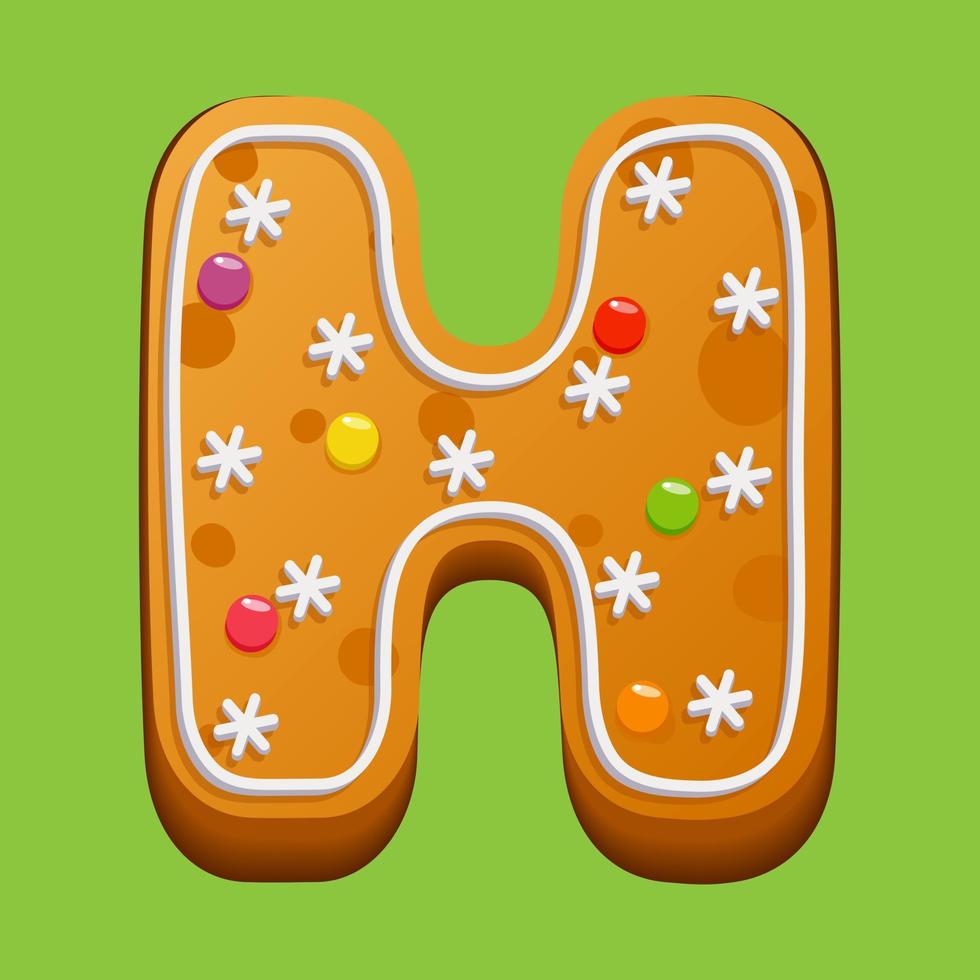 Christmas gingerbread cookie. Gingerbread letter H. Homemade winter cookies in the form of the letter H with sugar icing and marmalade. Vector illustration.