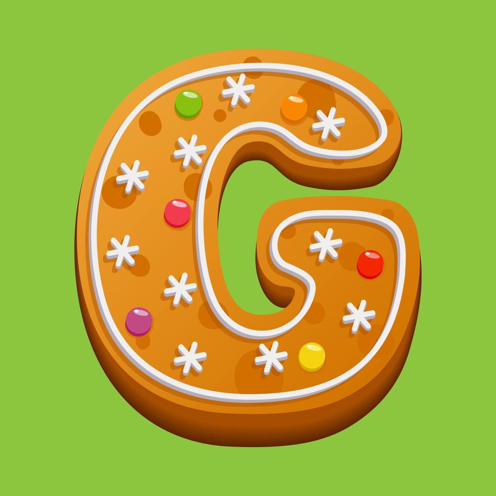 Christmas gingerbread cookie. Gingerbread letter G. Homemade winter cookies in the form of the letter G with sugar icing and marmalade. Vector illustration.