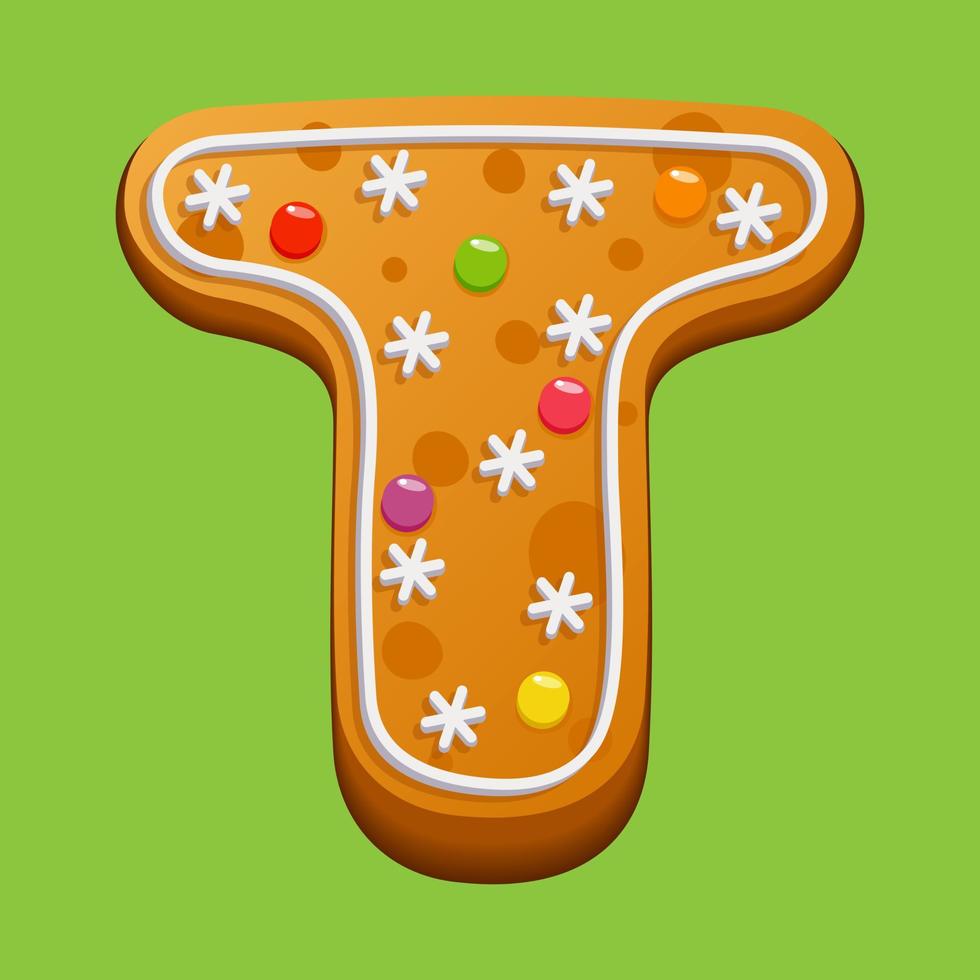 Christmas gingerbread cookie. Gingerbread letter T. Homemade winter cookies in the form of the letter T with sugar icing and marmalade. Vector illustration.