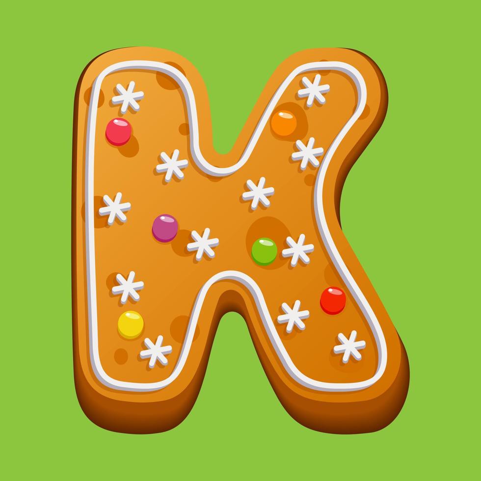 Christmas gingerbread cookie. Gingerbread letter K. Homemade winter cookies in the form of the letter K with sugar icing and marmalade. Vector illustration.