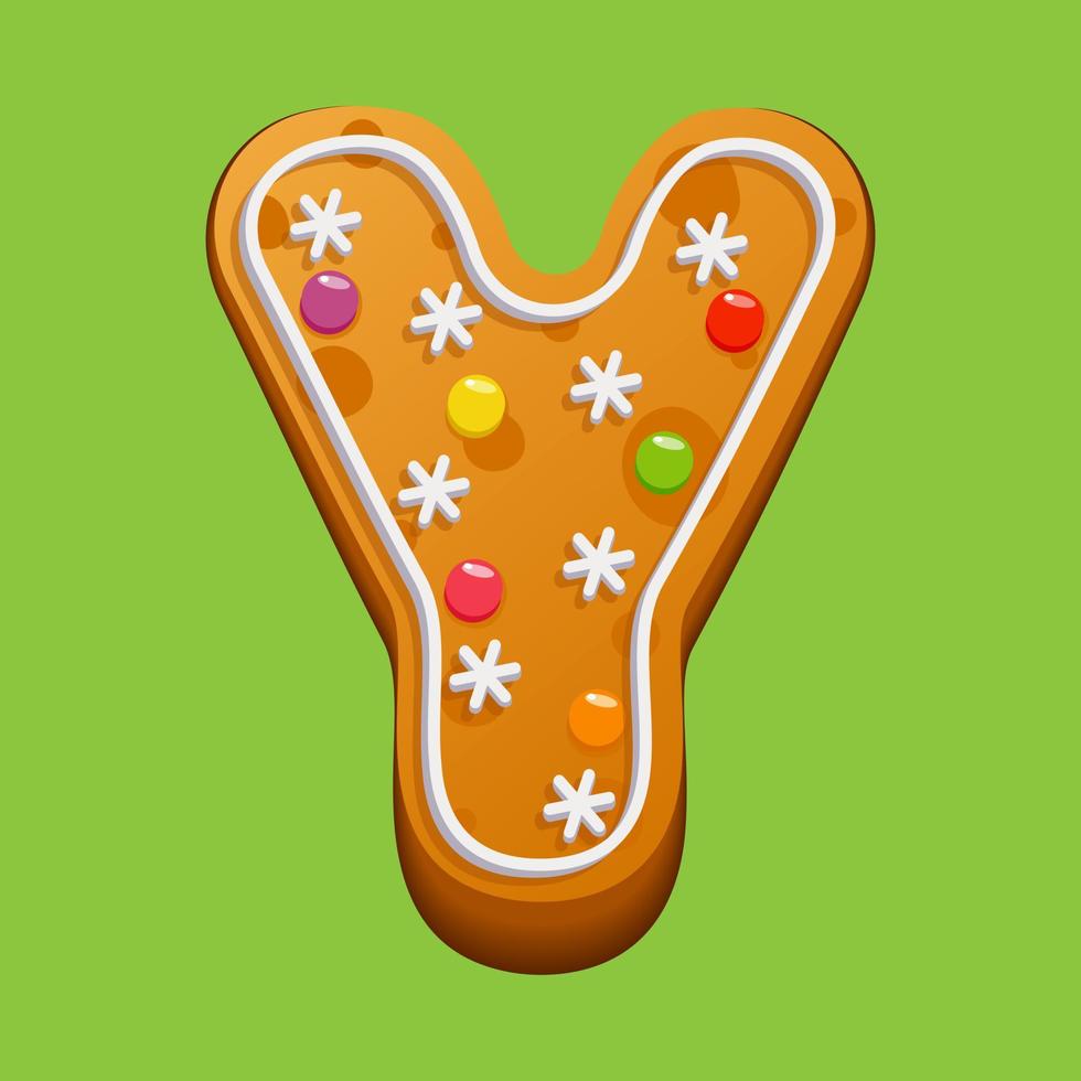 Christmas gingerbread cookie. Gingerbread letter Y. Homemade winter cookies in the form of the letter Y with sugar icing and marmalade. Vector illustration.