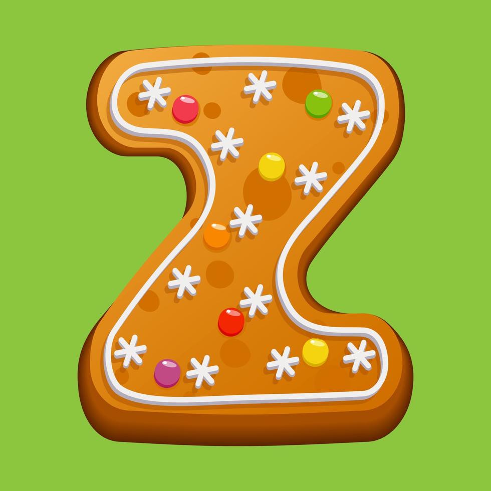 Christmas gingerbread cookie. Gingerbread letter Z. Homemade winter cookies in the form of the letter Z with sugar icing and marmalade. Vector illustration.