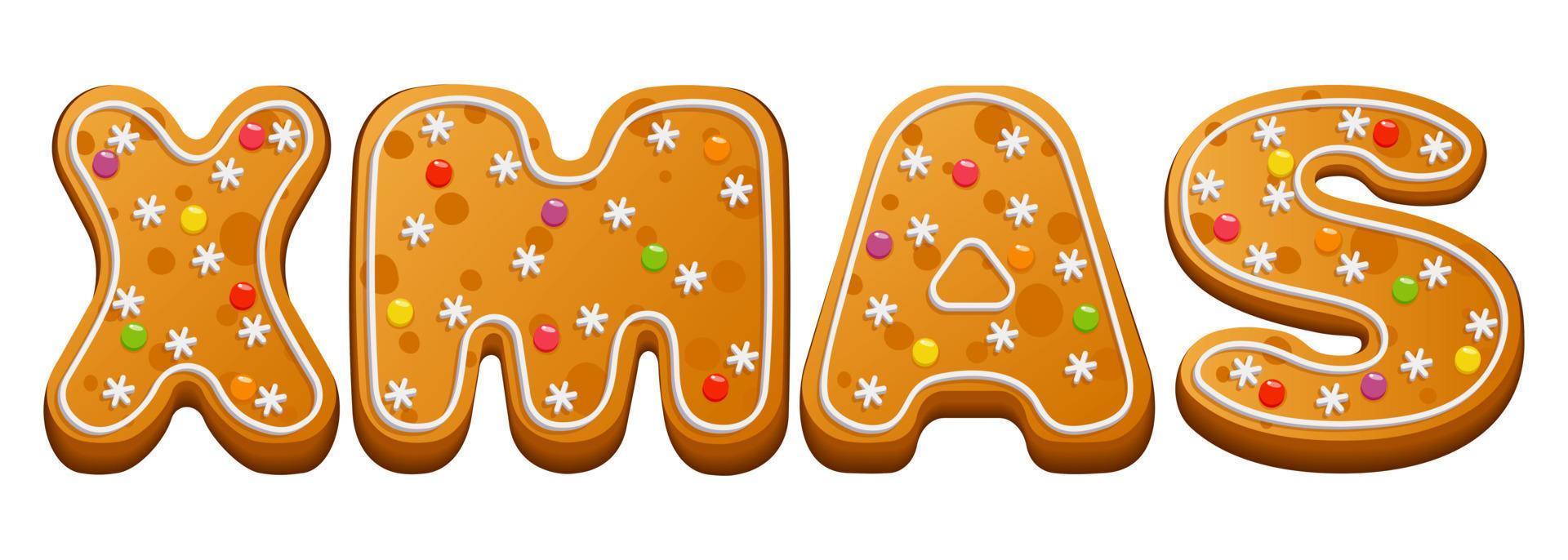 Christmas gingerbread cookie. Postcard, banner with the inscription XMAS from winter gingerbread with sugar icing and marmalade. Vector illustration.