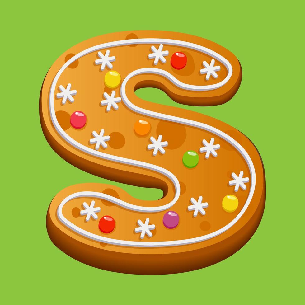 Christmas gingerbread cookie. Gingerbread letter S. Homemade winter cookies in the form of the letter S with sugar icing and marmalade. Vector illustration.