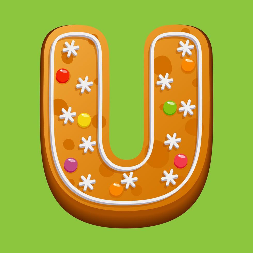 Christmas gingerbread cookie. Gingerbread letter U. Homemade winter cookies in the form of the letter U with sugar icing and marmalade. Vector illustration.