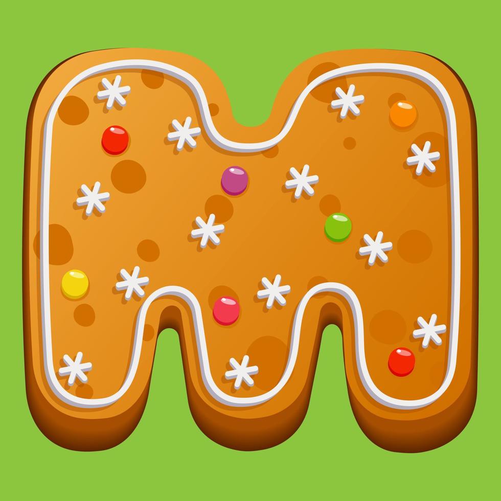 Christmas gingerbread cookie. Gingerbread letter M. Homemade winter cookies in the form of the letter M with sugar icing and marmalade. Vector illustration.
