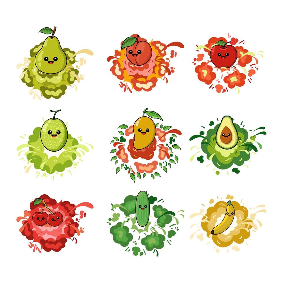 a set of fruit facial expression illustration with explosion vector