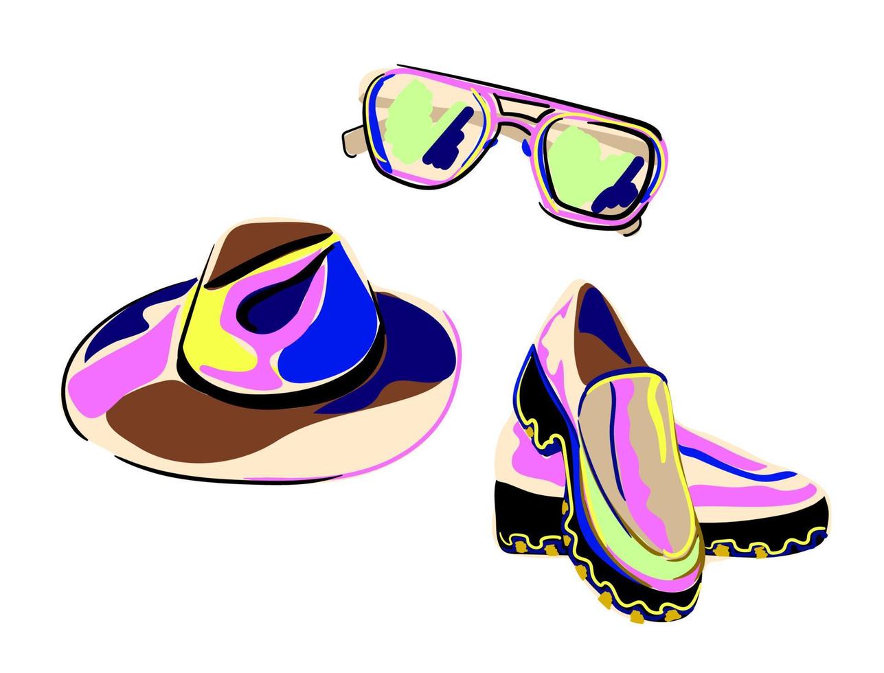 Psychedelic, comic groovy elements. Shoes, hat and glasses. Vector illustration.