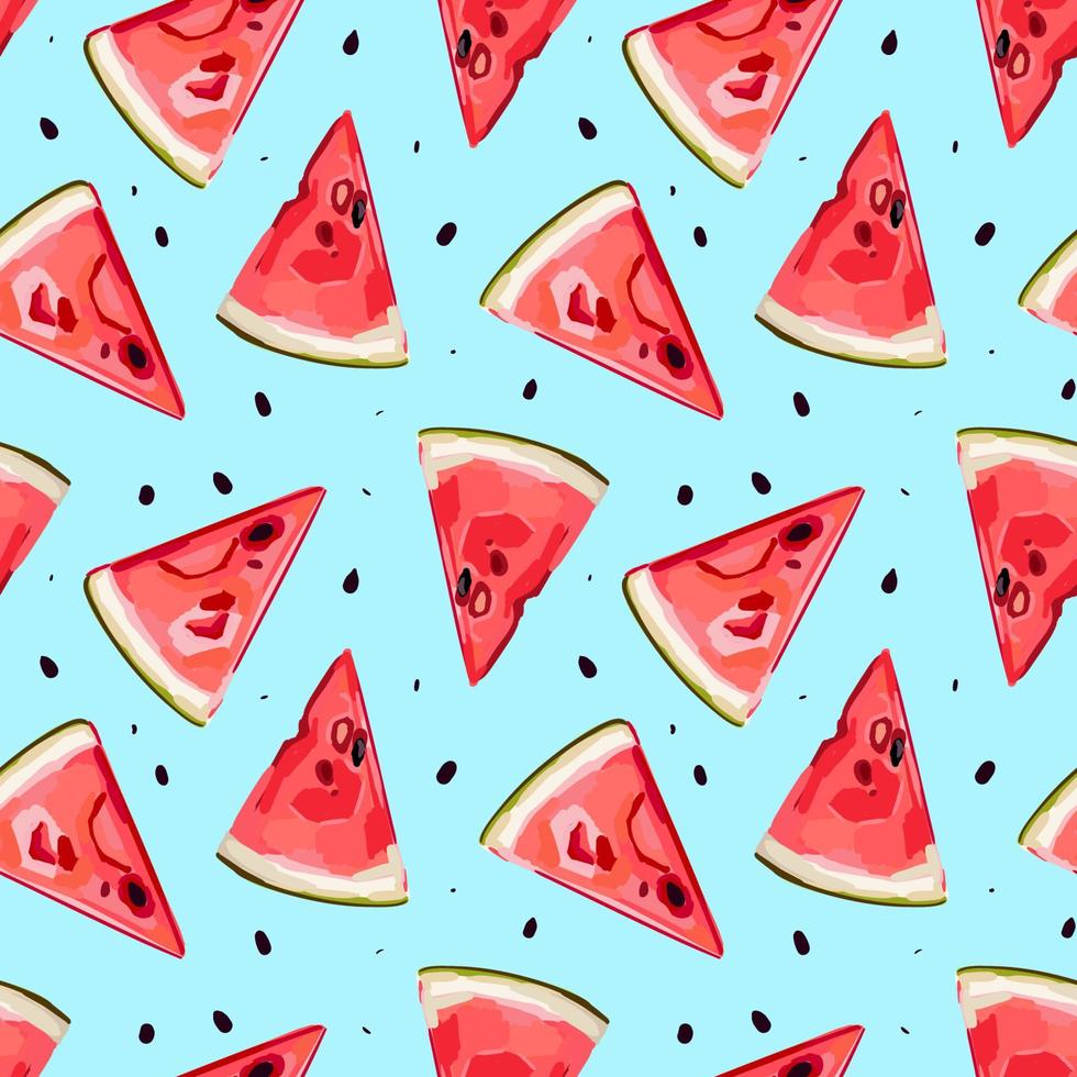 Watermelon half and slices seamless pattern. Red watermelon piece with bite. Illustration of watermelon freshness nature. Cartoon style. vector