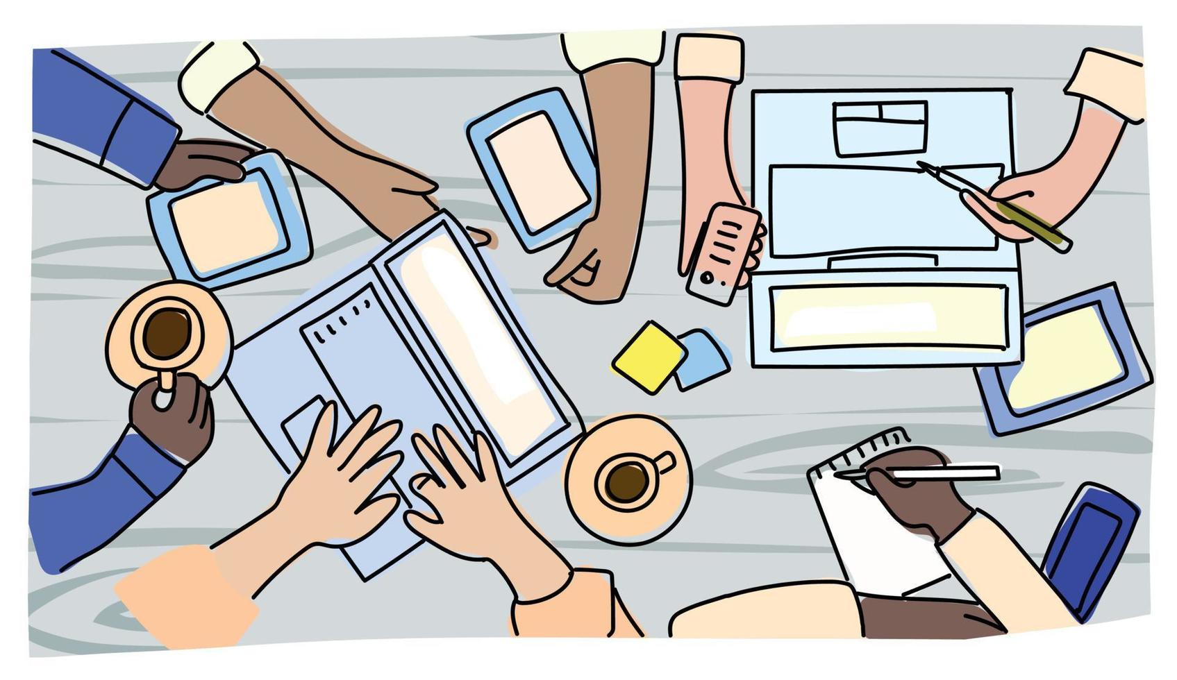 Meeting at work, discussion, conversation with speech bubbles. illustration brainstorming for idea, discussing work in meeting and talk with speech bubbles. vector