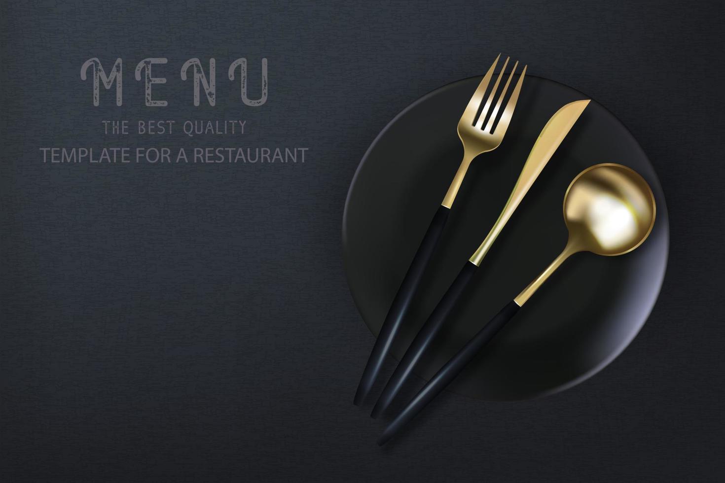 tenedor, cuchillo y cuchara dorados 3d realistas sobre un fondo de grunge negro. cartel moderno de moda para un restaurante. ilustración de vector de vista superior.