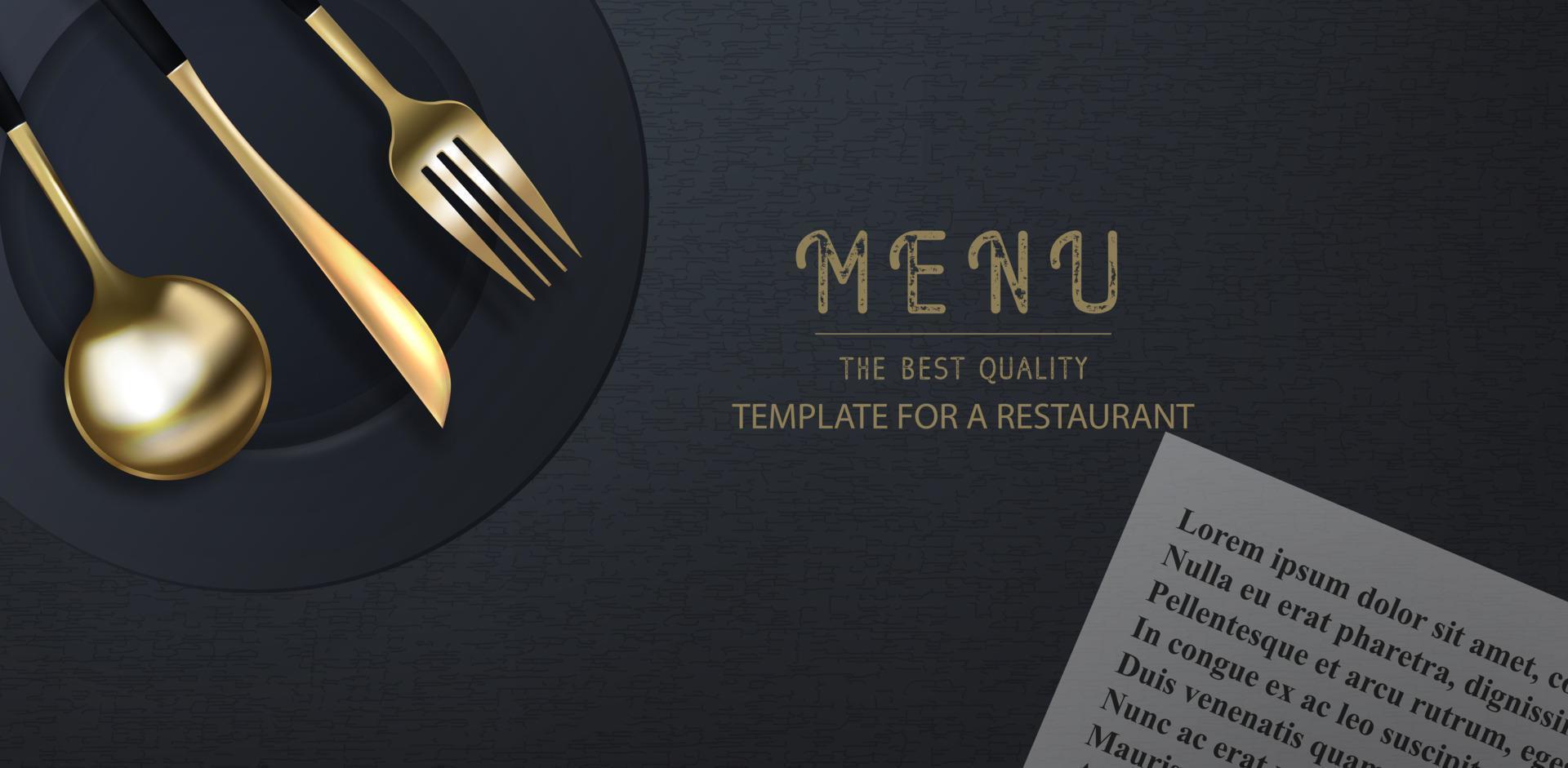 Realistic 3D golden fork, knife and spoon on a black grunge background. Fashionable modern poster for a restaurant. Top view vector illustration.