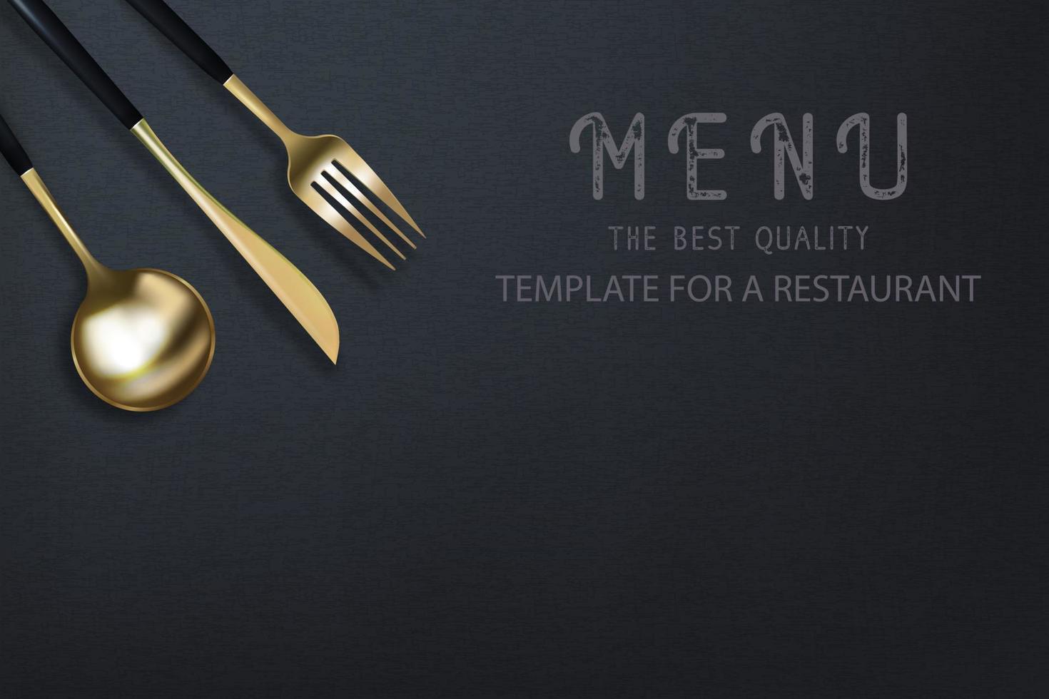 Realistic 3D golden fork, knife and spoon on a black grunge background. Fashionable modern poster for a restaurant. Top view vector illustration.