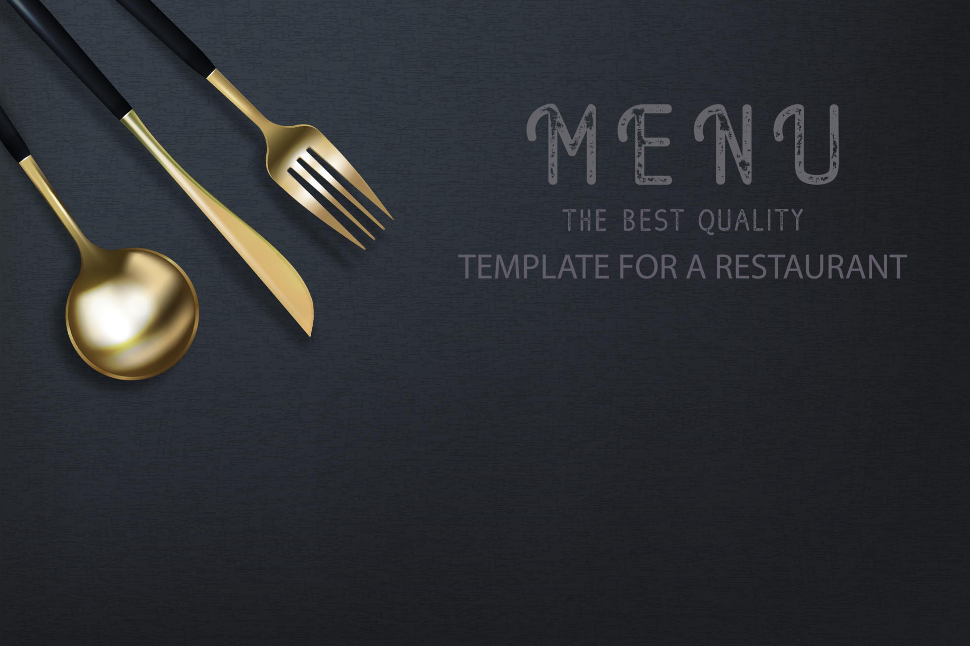Realistic 3D golden fork, knife and spoon on a black grunge background