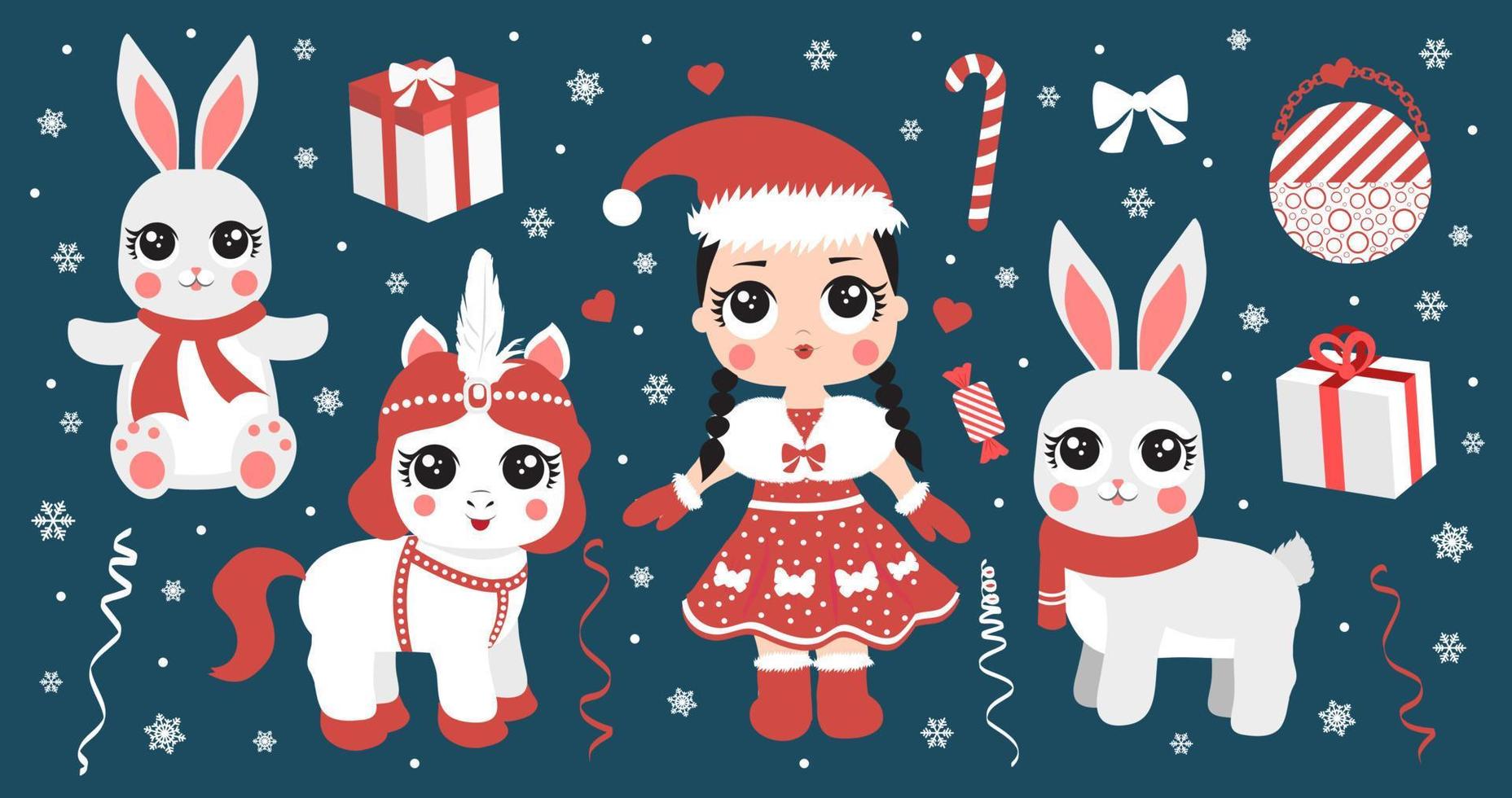 Vector element set for Christmas and New year. Cute little princess and her pets
