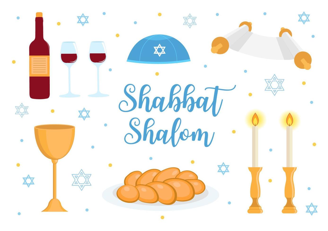 tarjeta de felicitación de shabbat shalom, conjunto de símbolos judíos. concepto de judaísmo. aislado sobre fondo blanco vector