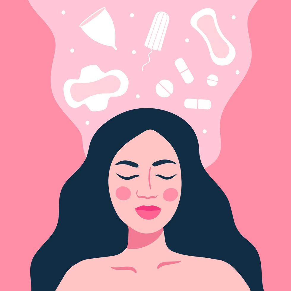 Female menstruation concept. Women with period and hygiene product sanitary pads, menstrual cup and tampon vector