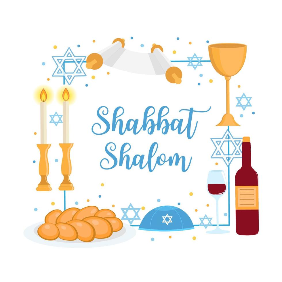 Shabbat Shalom greeting card, jewish symbols set. Judaism concept. Isolated on white background vector