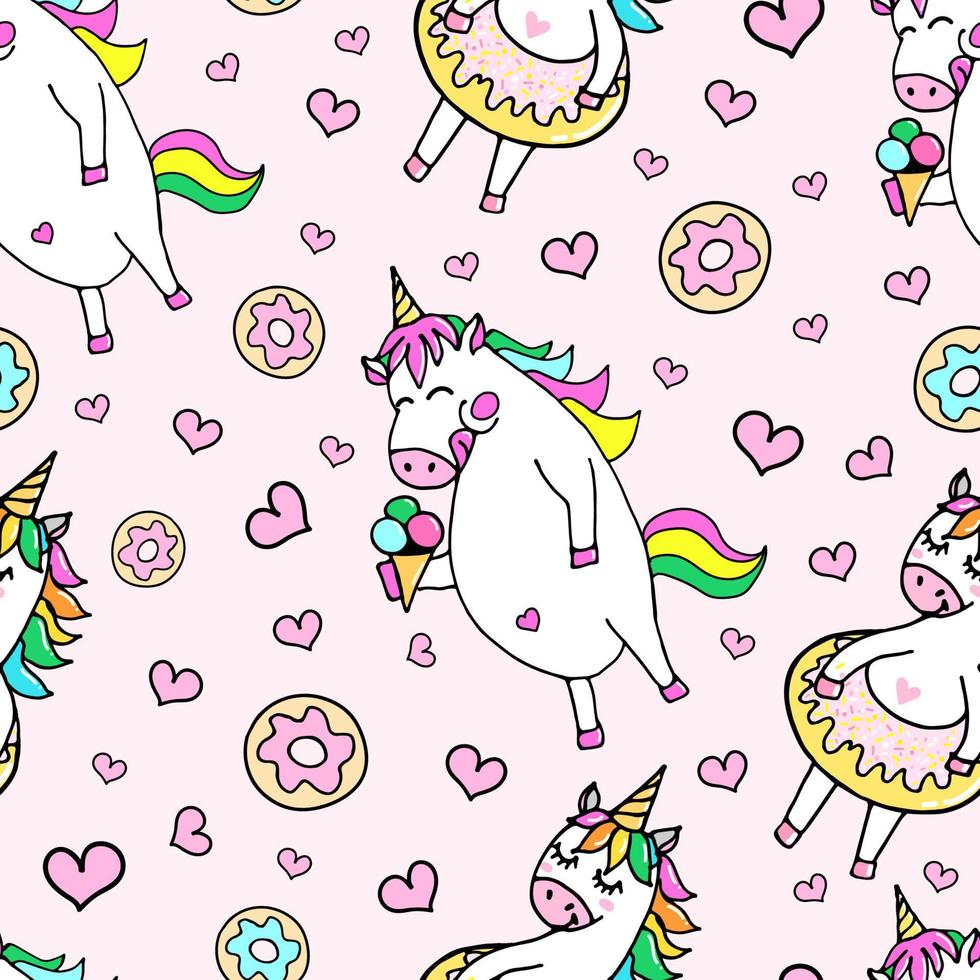 cute seamless pattern with funny unicorns and donuts. endless background, vector illustration