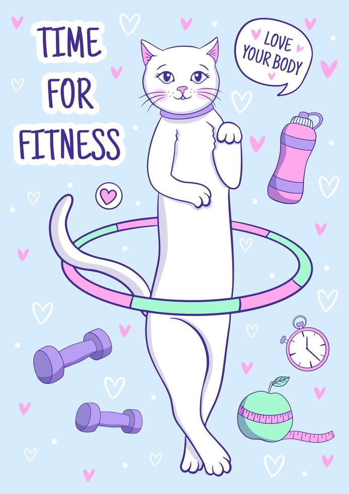 Cute white cat spins hula hoop, fitness card, sport motivation vector
