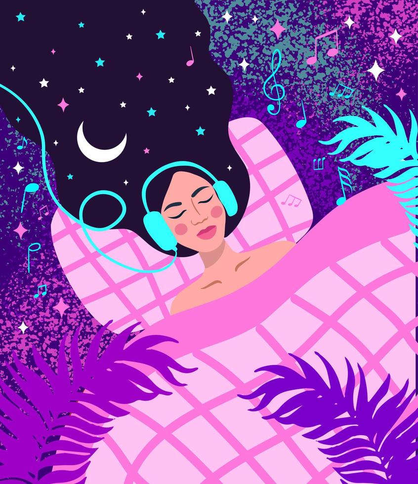 niña dormida con auriculares. mujer soñando en el cielo nocturno y las estrellas. ilustración vectorial vector