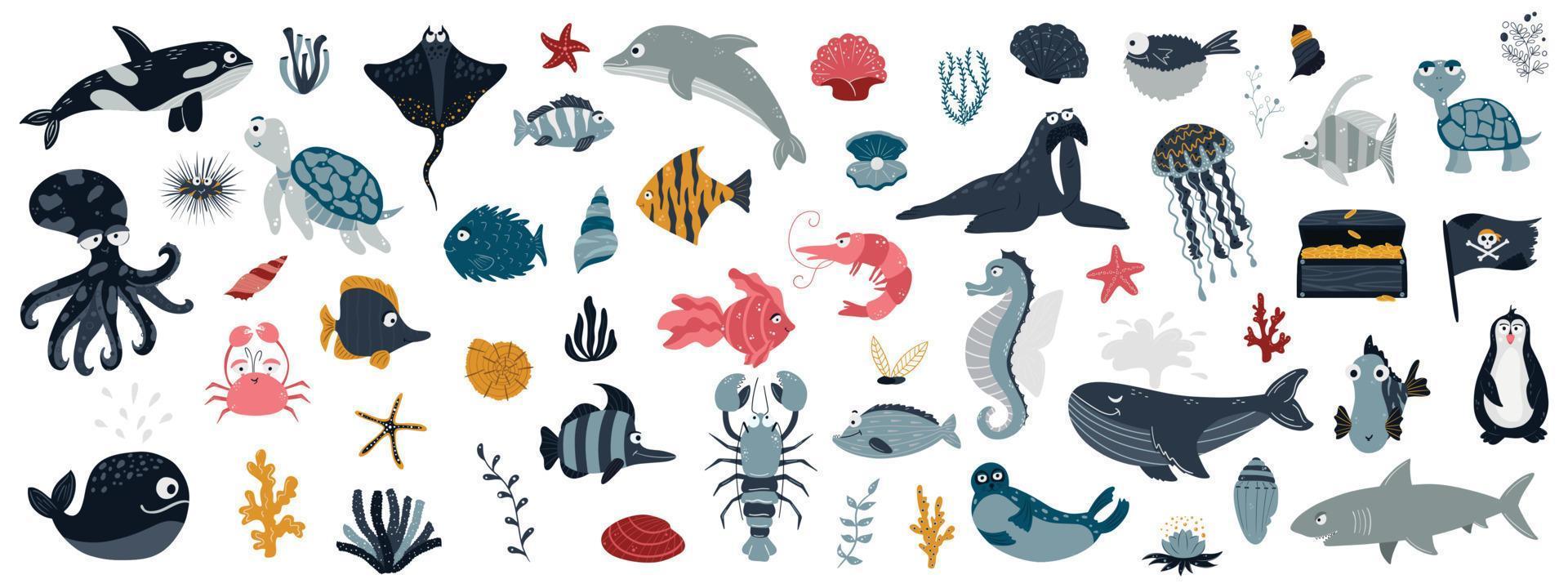 animales marinos sobre un fondo blanco. habitantes lindos y divertidos del mundo submarino marino, peces, delfines, tiburones, camarones, algas, conchas. ilustración vectorial sobre un fondo blanco. vector