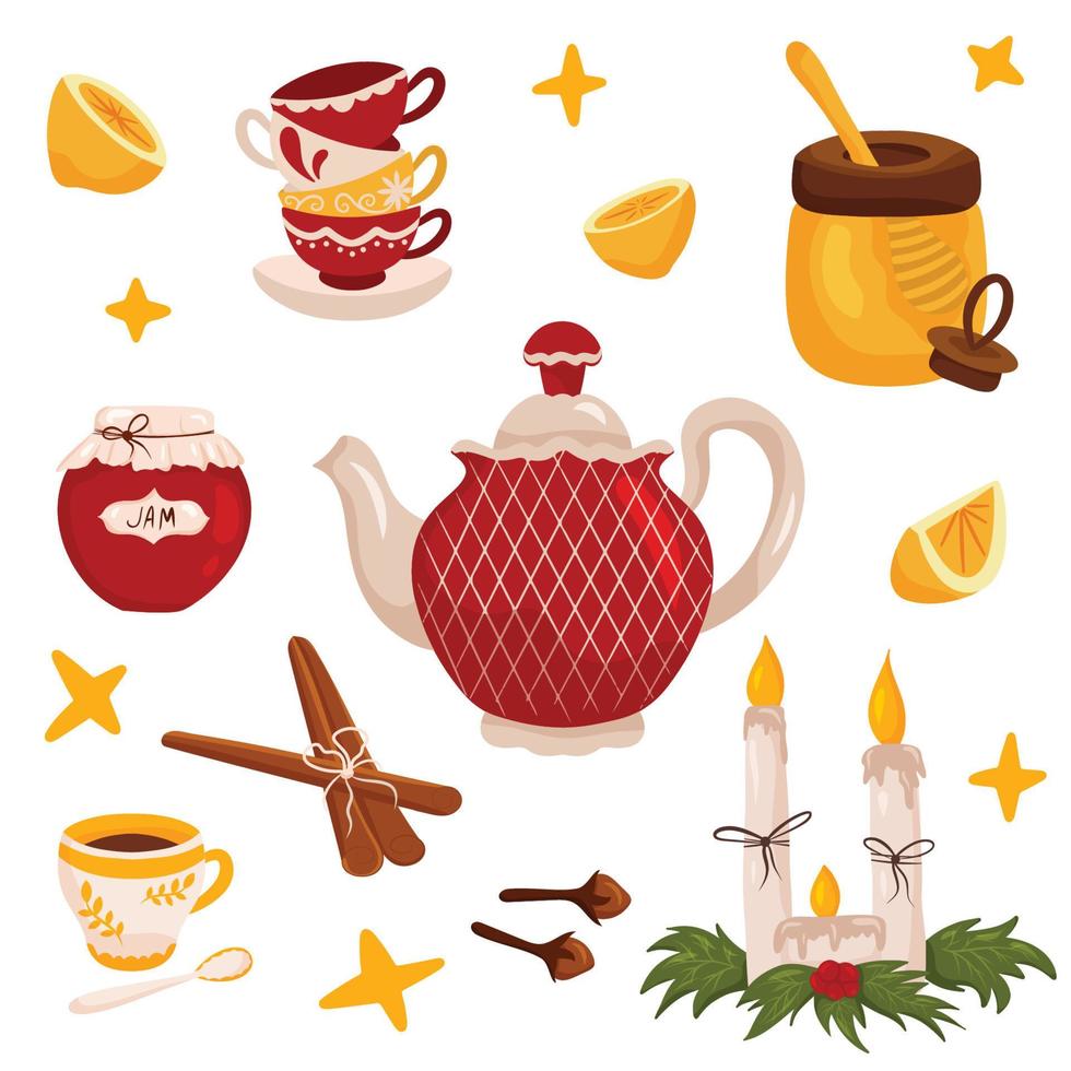 Tea party vector set isolated illustrations on white background. Cartoon style.
