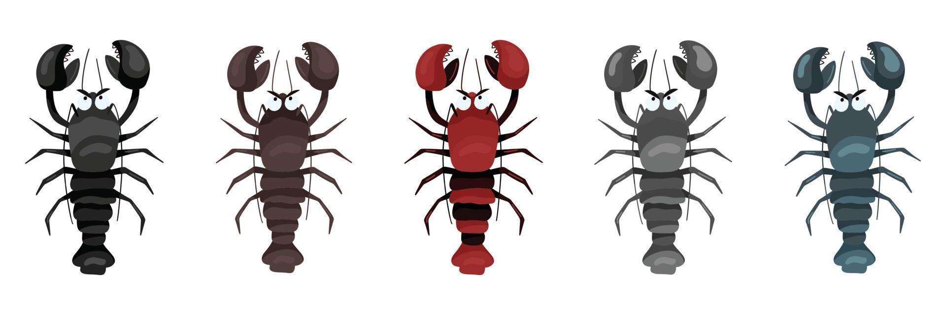 Set of drawings of sea crayfish in different colors. Vector horizontal illustration in cartoon style, isolated on white background.