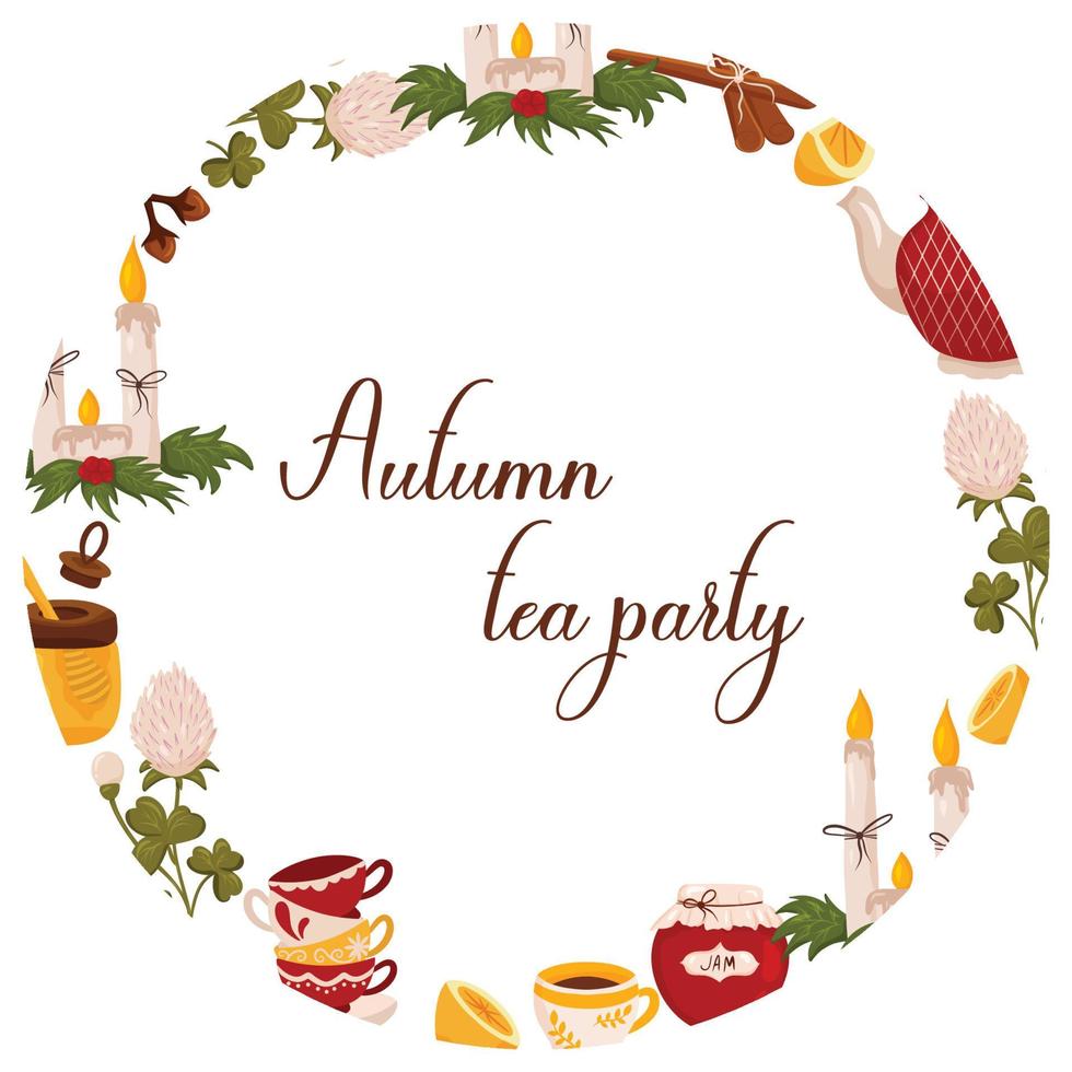 Autumn wreath with elements for tea party, Christmas candles, honey and lemon with space for text. Vector illustration isolated white background.