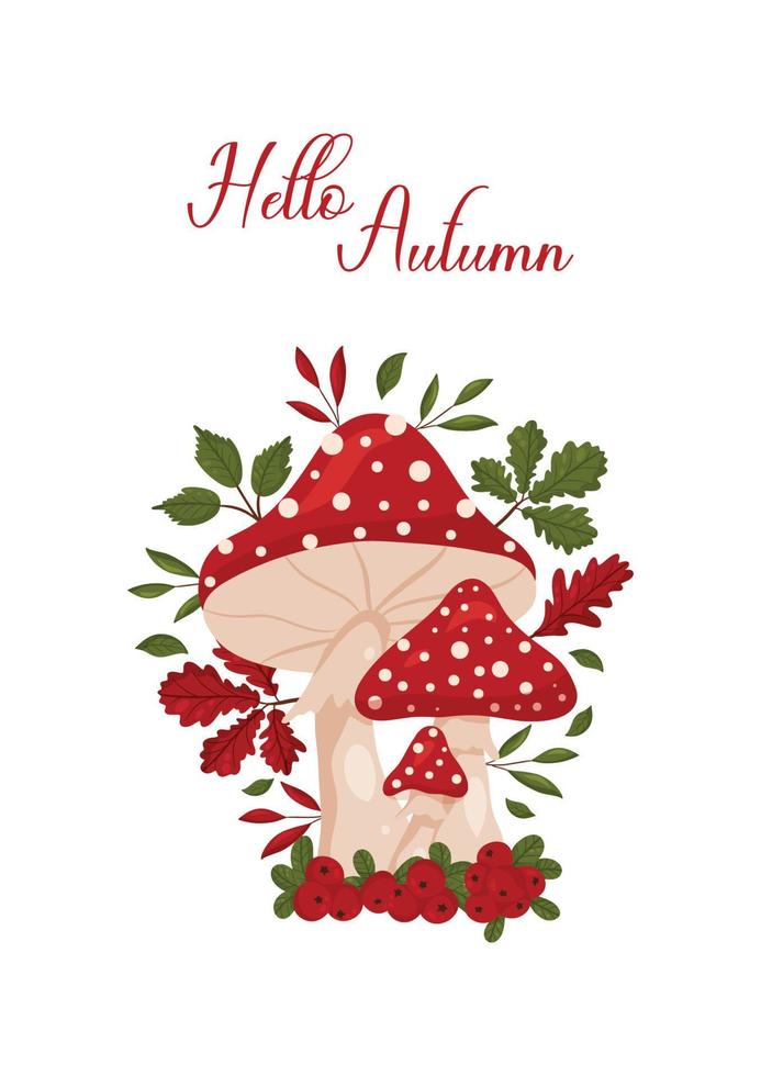 Autumn fly agaric postcard with berries and leaves vector