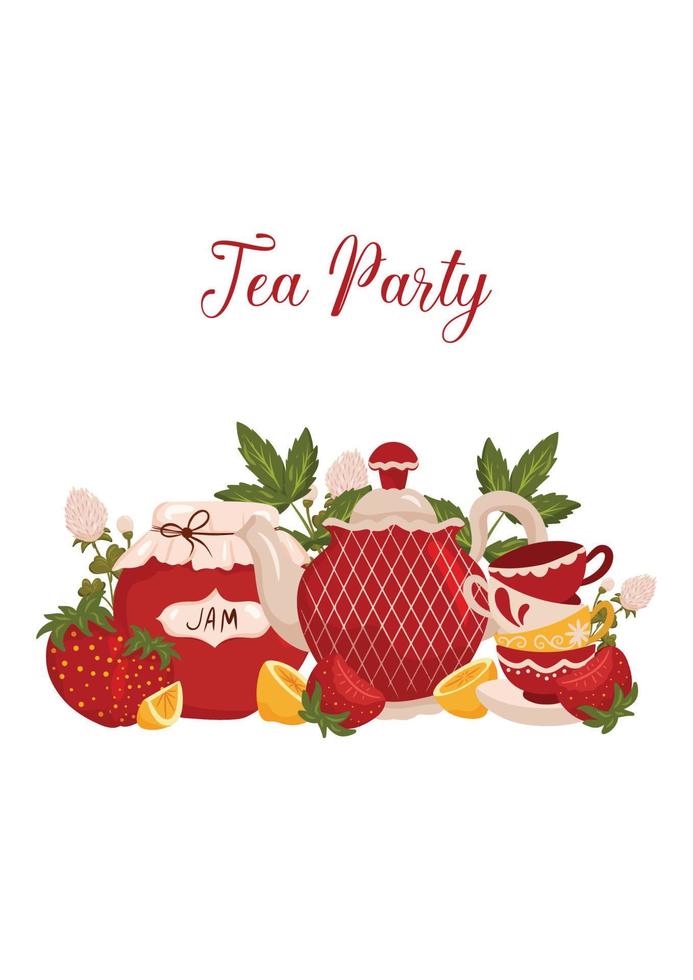 postal de fiesta de té con tarro de mermelada, fresas, tetera, tazas, trébol y limón vector