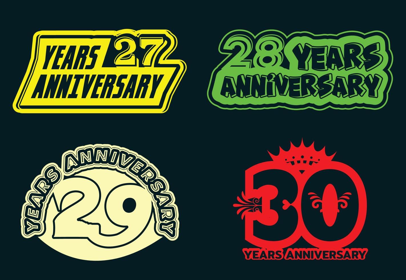 27 to 30 years anniversary logo and sticker design template vector