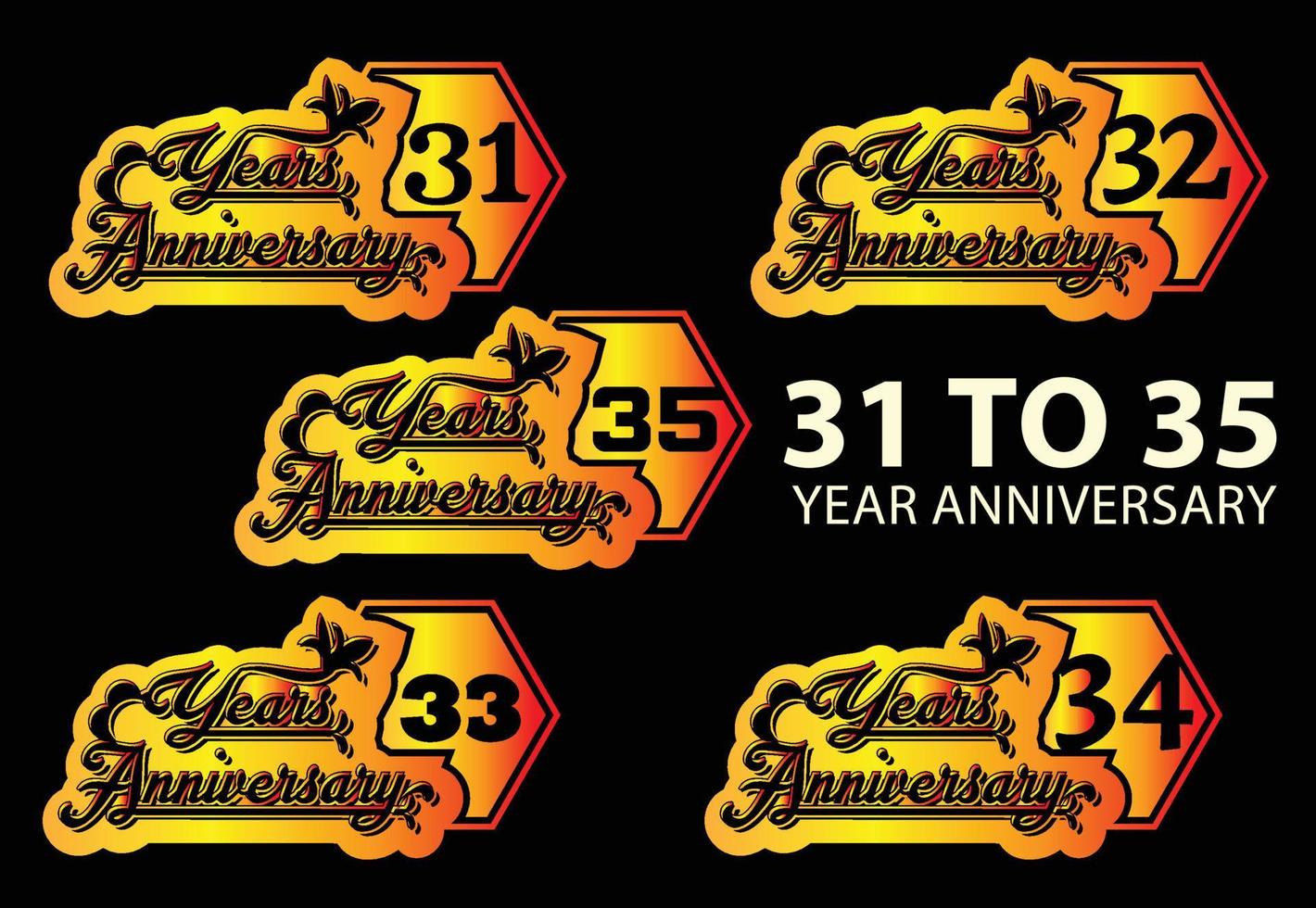 31 to 35 years anniversary logo and sticker design template vector