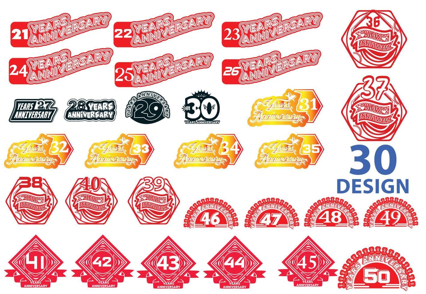 21 to 50 years anniversary logo and sticker design template vector