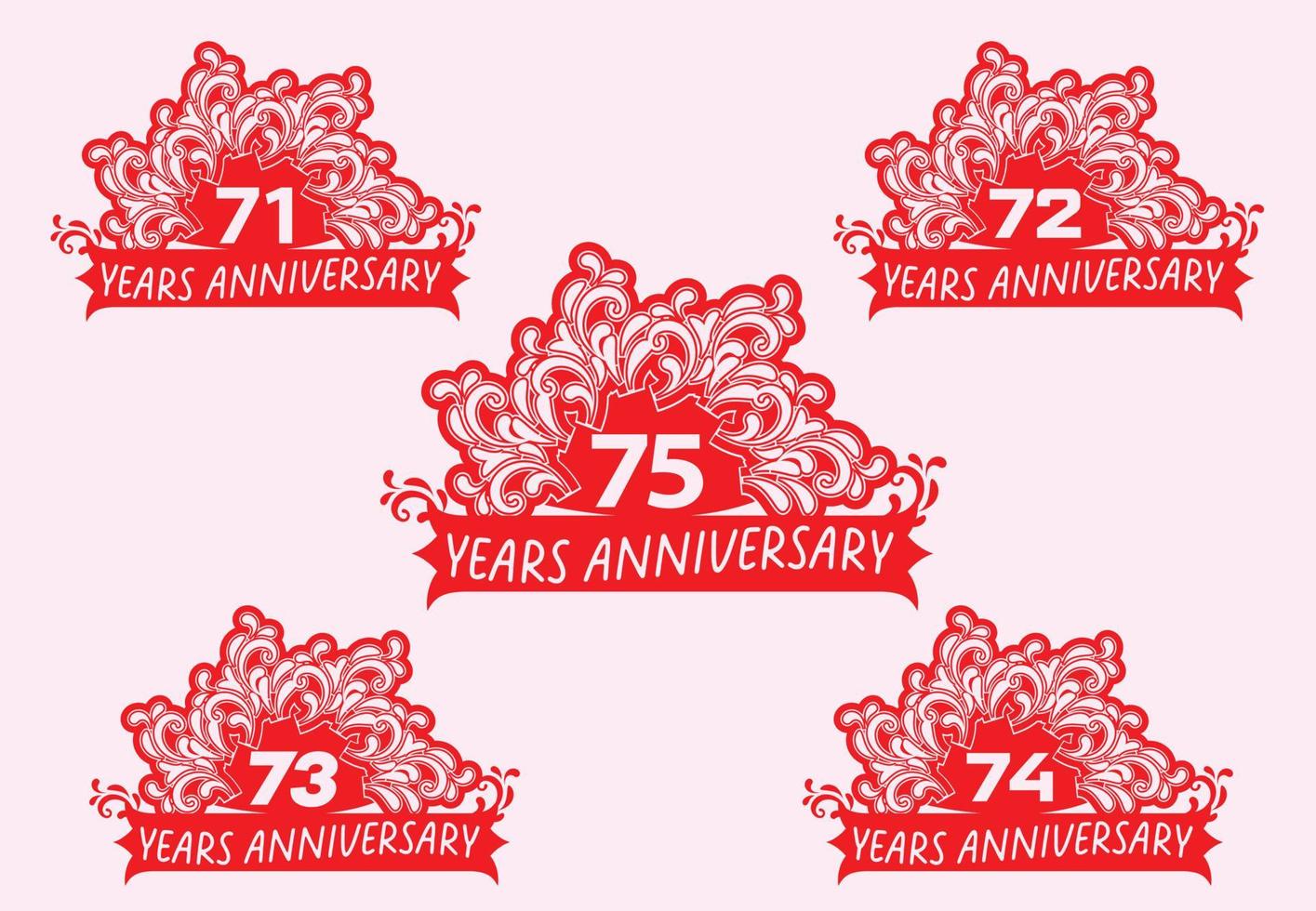 Plantilla de diseño de logotipo y etiqueta de aniversario de 71 a 75 años vector
