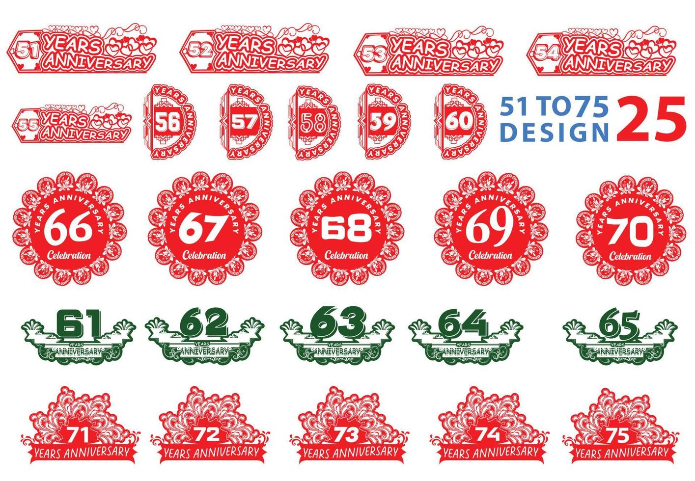 51 to 75 years anniversary logo and sticker design template vector