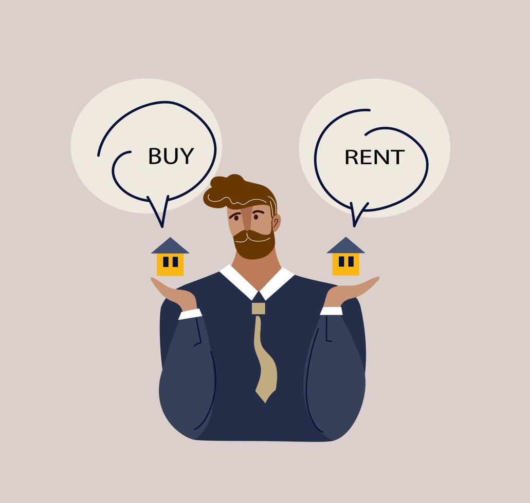 Doubting businessman making decision to buy or rent a house. Sale, purchase, lease, rent of real estate concept. Vector cartoon doodle flat illustration