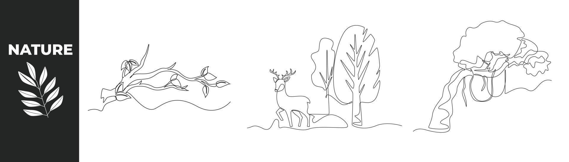 Single one line drawing nature set concept. Leaves and stems, deer in forest and tree. Continuous line draw design graphic vector illustration.